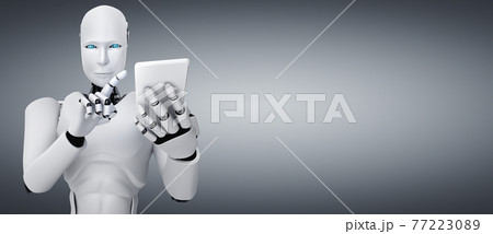 Robot humanoid use mobile phone or tablet in future office Robot humanoid use mobile phone or tablet in future office 77223089