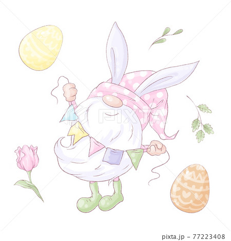 Set of cute cartoon gnome in a hare costume. Easter 77223408