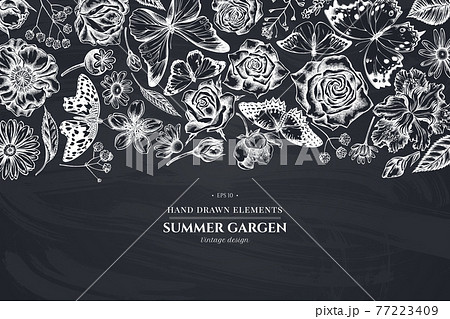 Floral design with chalk shepherd s purse, heather, iris japonica, sakura, gypsophila, chamomile 77223409