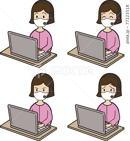 パソコン入力をしながら電話応対をする若い女性 コールセンター 表情パターン マスク ななめのイラスト素材