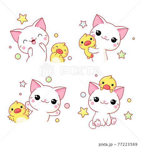 Set Of Kawaii Cat And Duckling のイラスト素材