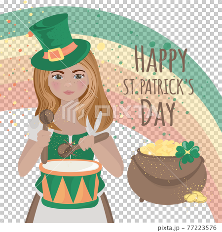 PATRICK DRUMMER Girl In A Green Jacket And Green Hat With Drum Saint Irish Holiday Cartoon Clip Art Vector Illustration Set For Print 77223576