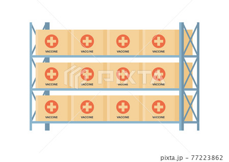 Coronavirus vaccine storage rack. Warehouse with covid vaccines. Anti virus campaign. Vector illustration on flat style in white background Coronavirus vaccine storage rack. Warehouse with covid vaccines. Anti virus campaign. Vector illustration on flat style in white background 77223862