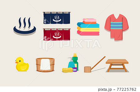 Japanese hot spring ( onsen ) flat vector icon illustration set. Isolated on a white background 77225762