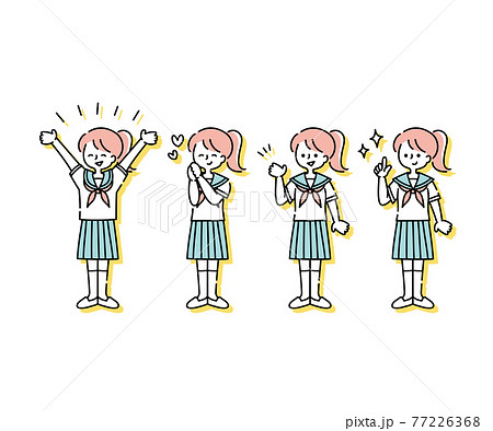 セーラー服 夏服 を着た女子学生の感情表現イラスト 全身 のイラスト素材