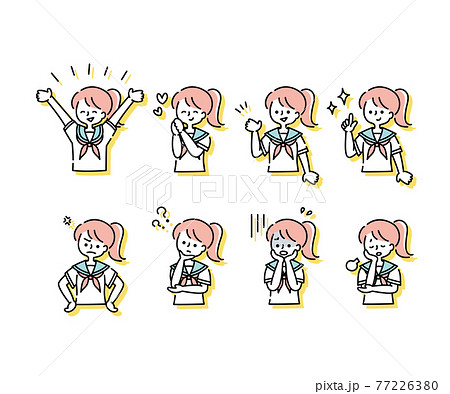 セーラー服 夏服 を着た女子学生の感情表現イラスト 上半身 のイラスト素材