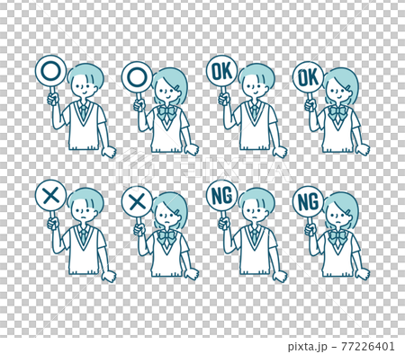 Illustration of a student wearing a blazer (summer clothes) holding a ○ × panel (upper body) Illustration of a student wearing a blazer (summer clothes) holding a ○ × panel (upper body) 77226401