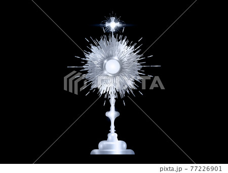 Monstrance Silver Ostensorium used in Roman Catholic, Old Catholic Anglican ceremony traditions. Benediction of the Blessed Sacrament is used to displayed to Eucharistic host. Vector isolated on black 77226901