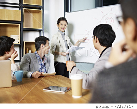 young asian business executive facilitating a discussion or brainstorm session in meeting room young asian business executive facilitating a discussion or brainstorm session in meeting room 77227317