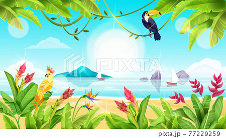 Summer beach landscape, tropical exotic birds, ocean, paradise flowers, toucan, parrot, banana leaf 77229259