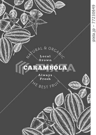 Hand drawn sketch style carambola banner. Organic fresh fruit vector illustration on chalk board. Retro fruit design template Hand drawn sketch style carambola banner. Organic fresh fruit vector illustration on chalk board. Retro fruit design template 77230649