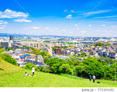 青空が広がる郊外の住宅地　東京 77234102
