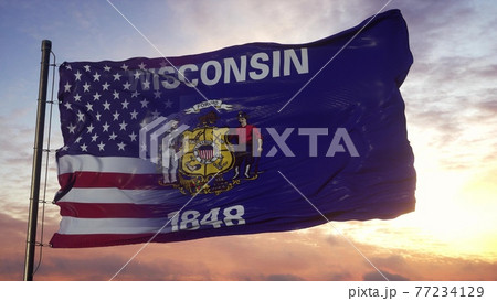 Wisconsin and USA flag on flagpole. USA and Wisconsin Mixed Flag waving in wind. 3d rendering 77234129