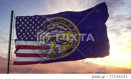 Nebraska and USA flag on flagpole. USA and Nebraska Mixed Flag waving in wind. 3d rendering 77234151