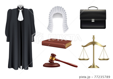 Law and justice. Right judge wooden hammer court decision prosecutor hairpiece black robes decent vector realistic set isolated Law and justice. Right judge wooden hammer court decision prosecutor hairpiece black robes decent vector realistic set isolated 77235789