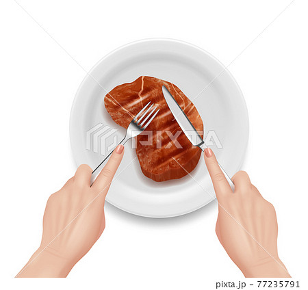 Steak realistic. Hot beef meals in plate hands holding fork and knife tasty food restaurants delicious products decent vector steak Steak realistic. Hot beef meals in plate hands holding fork and knife tasty food restaurants delicious products decent vector steak 77235791