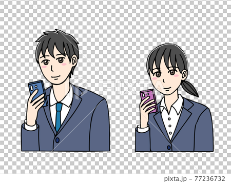 Young men and women in suits looking at smartphones 77236732