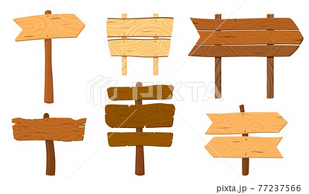 Cartoon wooden pointers. Wood pointer stick, arrows sign. Ui game board, road plank or direction signpost. Isolated blank panel recent vector set 77237566