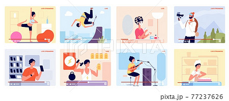 Blogger tutorials. Online video, bloggers live streams. Vlog digital channel, flat young influencer or content creators utter vector concept 77237626