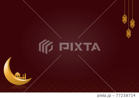 Wallpaper of the Ramadan Kareem. There are three lanterns with mosques, a crescent moon, and dark tone background. Design for Islamic or Muslim traditions with free space.Illustration. 77238714