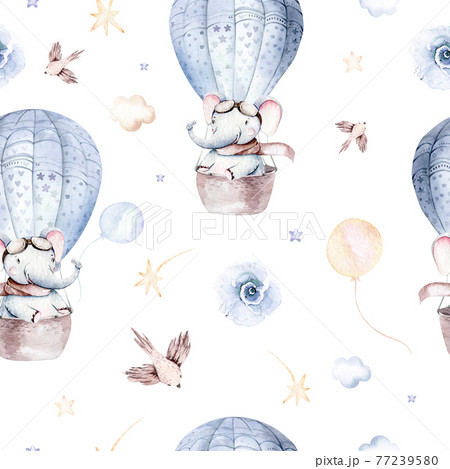 Watercolor blue illustration of a cute animal safary elephant and fancy sky scene complete with airplanes and balloons, clouds. Baby Boy and girl pattern. baby shower Watercolor blue illustration of a cute animal safary elephant and fancy sky scene complete with airplanes and balloons, clouds. Baby Boy and girl pattern. baby shower 77239580