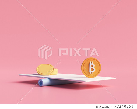 Bitcoin coin vs traditional currency coins on balancing scales. Bitcoin growth. Financial 77240259