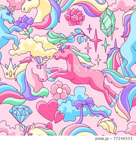 Seamless pattern with unicorns and fantasy items. 77240555