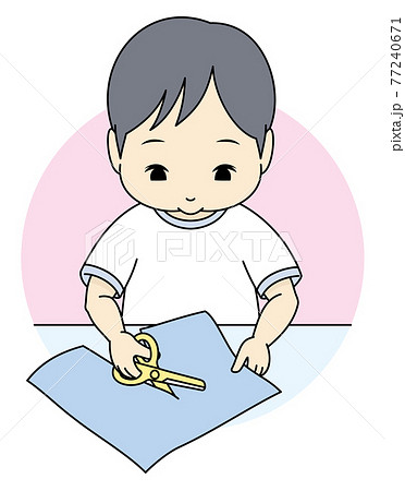 はさみで紙を切る男の子のイラスト素材
