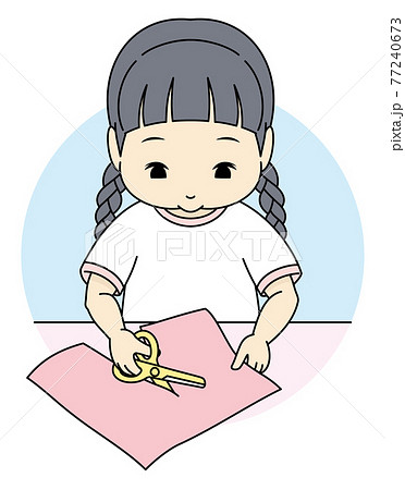 はさみで紙を切る女の子のイラスト素材