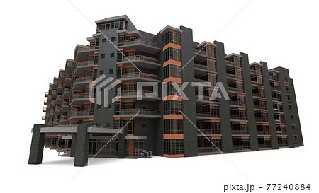 Condominium 3d model. Apartment house with a courtyard. 3d rendering. 77240884