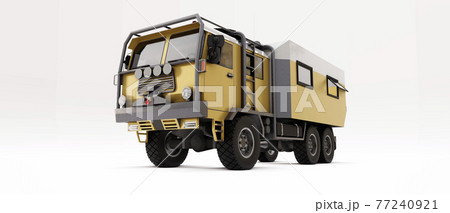 Big truck prepared for long and difficult expeditions in remote areas. Truck with a house on wheels. 3d illustration. Big truck prepared for long and difficult expeditions in remote areas. Truck with a house on wheels. 3d illustration. 77240921