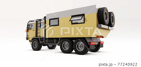 Big truck prepared for long and difficult expeditions in remote areas. Truck with a house on wheels. 3d illustration. 77240922