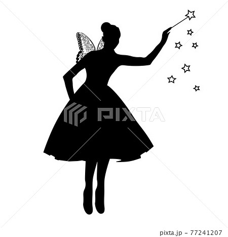 Fairy vector stock illustration. Beautiful fairy silhouette. A sorceress with wings and a magic wand. Isolated on a white background. Fairy vector stock illustration. Beautiful fairy silhouette. A sorceress with wings and a magic wand. Isolated on a white background. 77241207