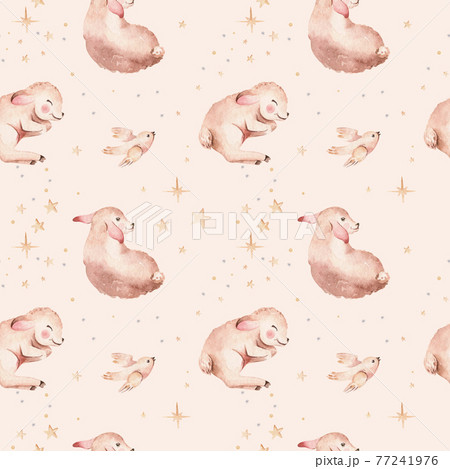 Watercolor christmas nativity scene seamless patterns. Magic Christianity story with newborn jesus, mary, angel and lamb. Holy jolly christmas card 77241976