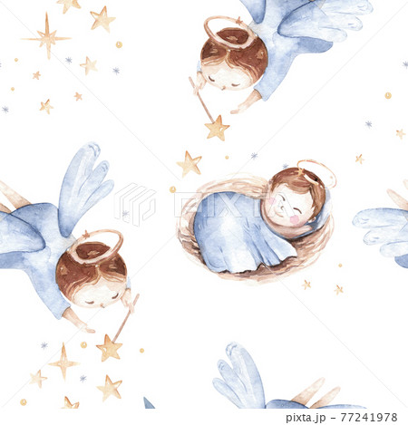 Watercolor christmas nativity scene seamless patterns. Magic Christianity story with newborn jesus, mary, angel and lamb. Holy jolly christmas card Watercolor christmas nativity scene seamless patterns. Magic Christianity story with newborn jesus, mary, angel and lamb. Holy jolly christmas card 77241978