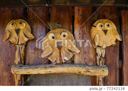 Funny wooden owls in the park for children. Funny wooden owls in the park for children. 77242116