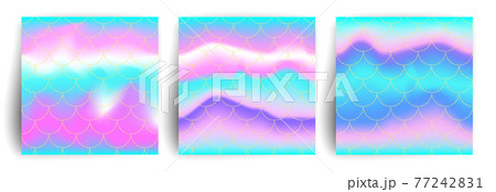 Set of holographic rainbow background. Mermaid gold scales. Hologram print for invitation card. Vector illustration. 77242831