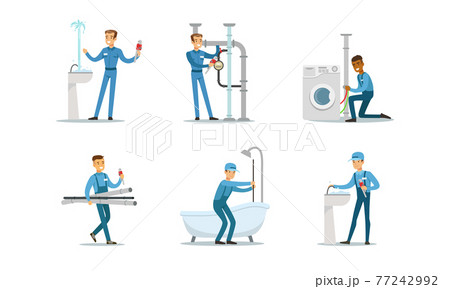 Professional Plumbers, Handymen in Blue Uniform Fixing Sanitary Engineering and Pipes, Repair Service and Maintenance Cartoon Vector Illustration 77242992