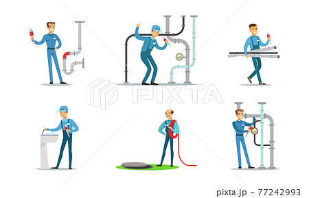 Professional Plumbers, Handymen in Blue Uniform Repairing Pipes with Tools, Repair Service and Maintenance Cartoon Vector Illustration 77242993