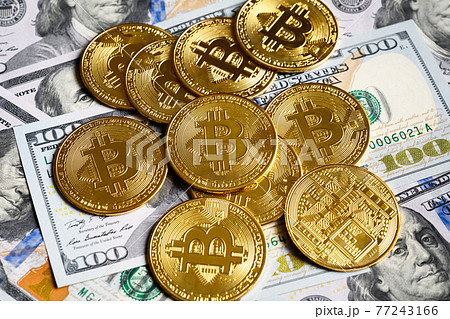 Bitcoin with dollar cash, virtual crypto currency bitcoin (btc) and banknotes 77243166