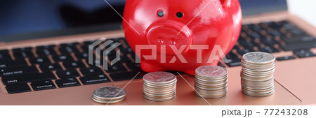 Red piggy bank and coins on laptop keyboard 77243208