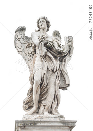 Statue of a beautiful holy angel with wings holding tissue at the Saint Angel bridge (Ponte Sant Angelo), isolated at white background, Rome, Italy. Statue of a beautiful holy angel with wings holding tissue at the Saint Angel bridge (Ponte Sant Angelo), isolated at white background, Rome, Italy. 77243409