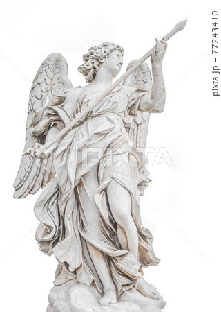 Statue of a beautiful holy angel with wings holding a war spear at the Saint Angel bridge (Ponte Sant Angelo), isolated at white background, Rome, Italy. Statue of a beautiful holy angel with wings holding a war spear at the Saint Angel bridge (Ponte Sant Angelo), isolated at white background, Rome, Italy. 77243410