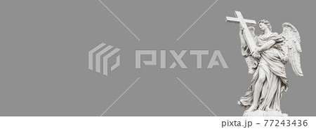 Banner with beautiful holy angel with wings at the Saint Angel bridge isolated at solid grey background and with copy space for text, Rome, Italy. Banner with beautiful holy angel with wings at the Saint Angel bridge isolated at solid grey background and with copy space for text, Rome, Italy. 77243436