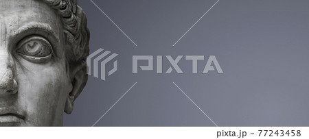 Banner with head of Roman Nobel Man as marble ancient statue isolated at grey and blue gradient background with copy space for text, Rome, Italy. Banner with head of Roman Nobel Man as marble ancient statue isolated at grey and blue gradient background with copy space for text, Rome, Italy. 77243458