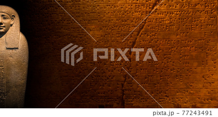 Collage of granite sarcophagus of Egyptian pharaoh and ancient hieroglyphs writing 77243491