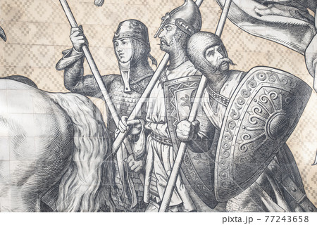 Big historical scenes made of porcelain tiles depicting Saxon rulers throughout ages in historical downtown of Dresden, Germany. Concept of art and historical heritage. 77243658