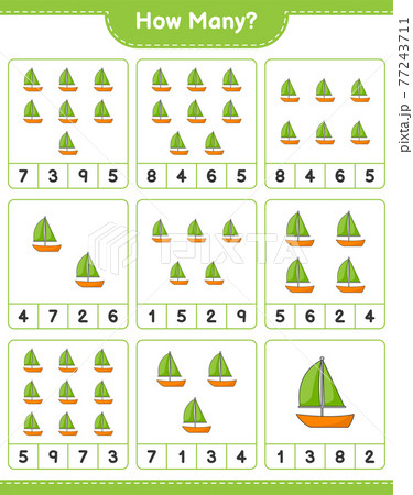 Counting game, how many Sailboat. Educational children game, printable worksheet, vector illustration 77243711