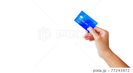 hand holding a blue credit card on white background with clipping path. shopping on line for buy-sell with e-commerce technology. 77243972