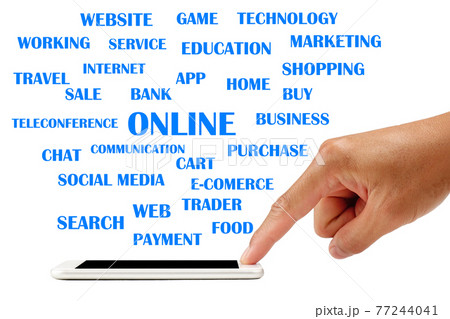 life on line with finger touch screen on smart phone. isolated on white background with clipping path 77244041